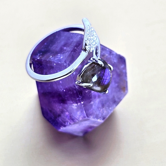 Natural Labradorite & CZ 925 Sterling Silver Ring Sz 6.5 - Picture 5 of 7